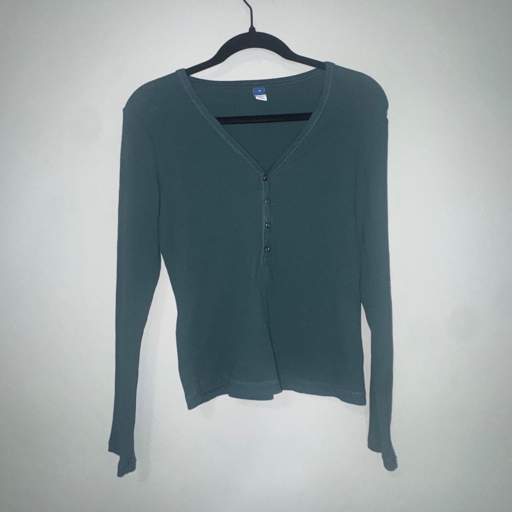 Old Navy Womens Ribbed Henley Long Sleeve Top Dark Teal Green V-Neck‎ Size M